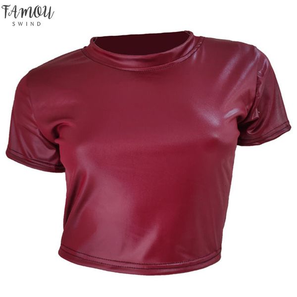 

summer leather tee shirt women midriff baring crop pu leather short sleeve o neck solid color club nylon party fit, White