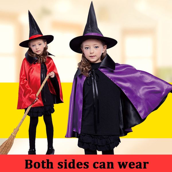 

halloween cosplay costumes kids witch cloak + hat masquerade party cosplay robe both sides wearable, Black;red