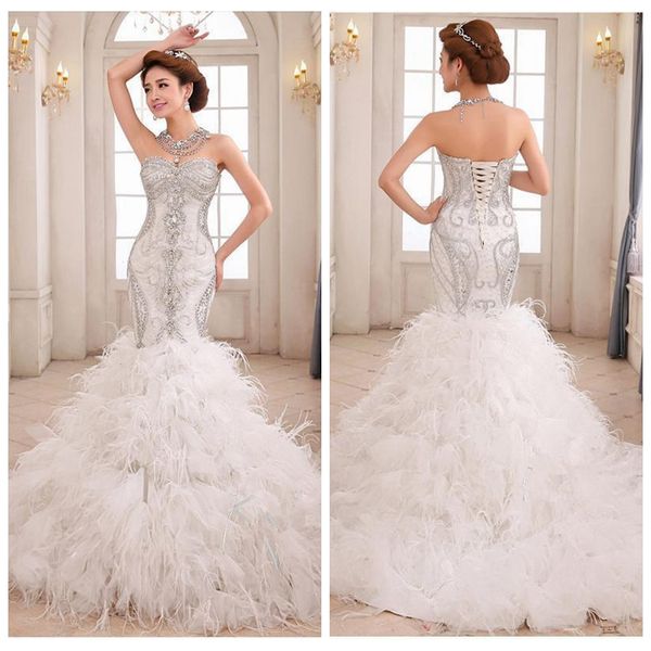 

luxurious sweetheart mermaid wedding dresses beaded crystal slim bridal gowns ruffles heave beaded spring lace up back vestidos de mariee, White