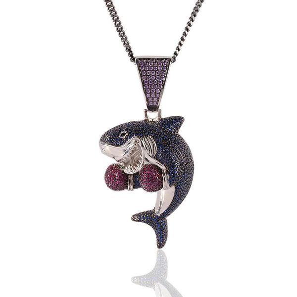 

iced out boxing shark pendant necklace fashion mens hip hop necklace jewelry gold silver cuban chain necklaces