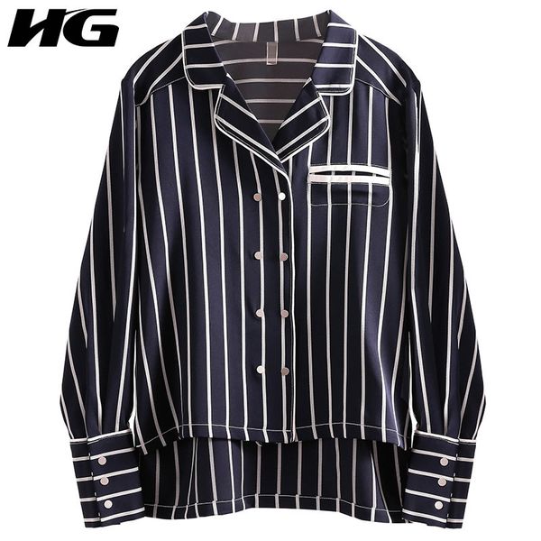 

hg] двубортный женщины 2019 весна лето отложным воротником полный рукав полосатый кнопка полосатый карман блузка dll2394, White