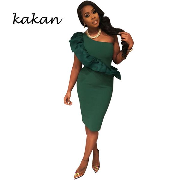 

kakan new women's dress one shoulder slim ruffled bag hip dress nightclub party, Black;gray