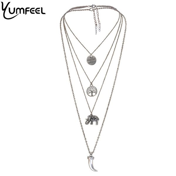 

yumfeel vintage silver color multi layer boho choker necklace disc carving tree horn elephant pendants neckace set