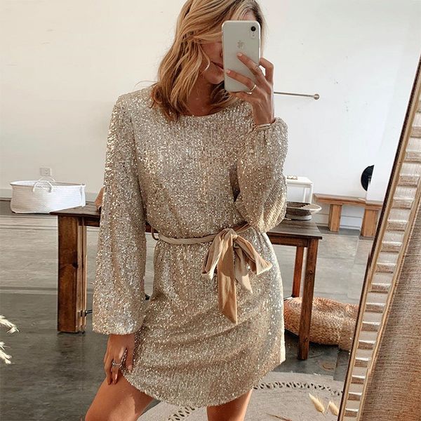 

new style womens dresses fashion sequins lantern sleeve crew neck dresses with sashes spring womens designer clothing, Black;gray