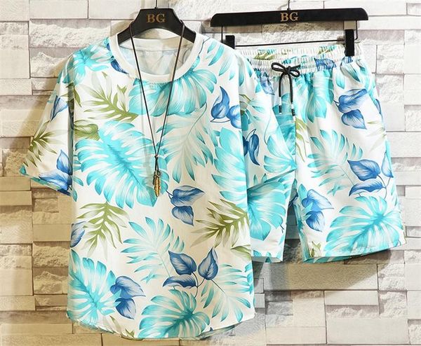 

floral print mens sports suits fashion running summer short sleeve clothing mens tracksuits crew neck shorts, Gray