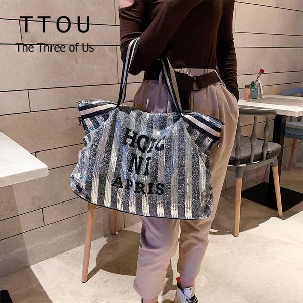 

high street large capacity women sequin tote bags quality leather female handle bags casual female shoulder messenger