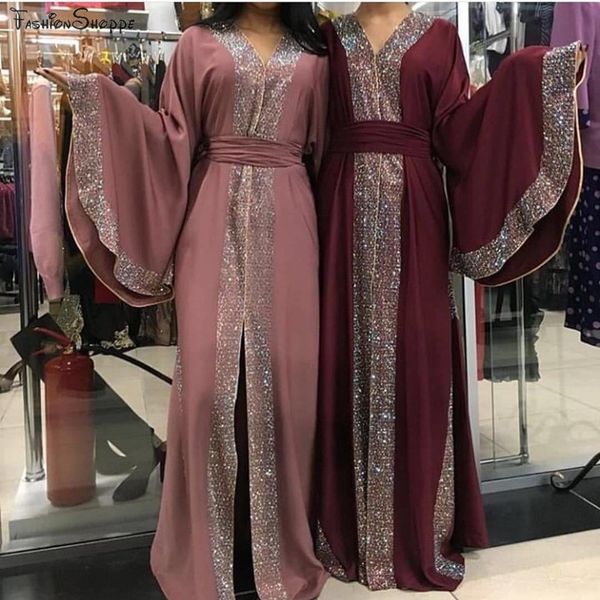 

luxurious diamond beading muslim robes dubai fashion female full length abaya muslim dress robes with belt, Red