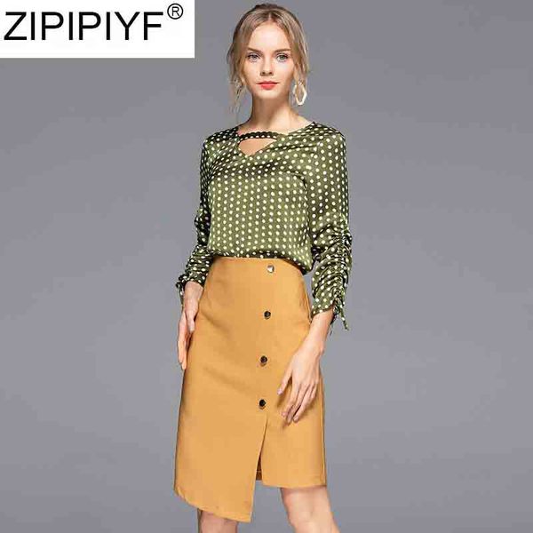 

2019 runway style summer skirt suit women polka dot vintage print blouses and irregular retro mini skirts suits set q890, White
