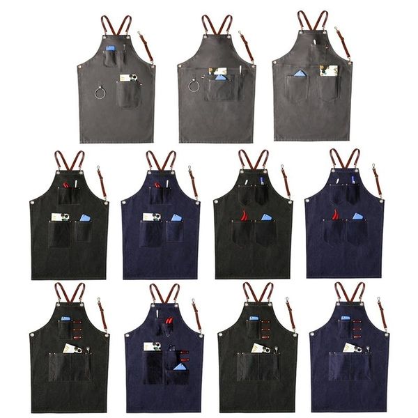 

home garden denim work aprons pu leather strap apron barista barber overalls restaurant gardener apron working clothes supplies sh190925