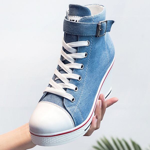 

2019 new women wedge high women's denim lace up ladies ankle canvas shoes woman wedges sneakers 8cm heels y200801, Black