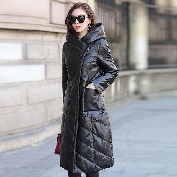 

long genuine leather jacket natural sheepskin women winter coat duck down filling hooded stand collar down jacket parkas g766, Black