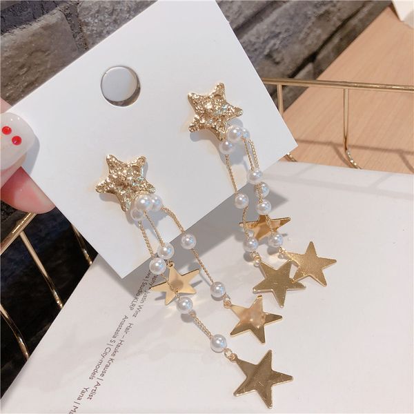 

korea style silver needle star imitated pearl tassel long drop earrings for gir women fashion jewelry accessories wholesale