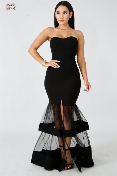 

без бретелек русалка свадебные платья партии длины пола sheer сетки лоскутная высокий вечер щелевая bodycon maxi вечернее платье для женщин, Black;gray