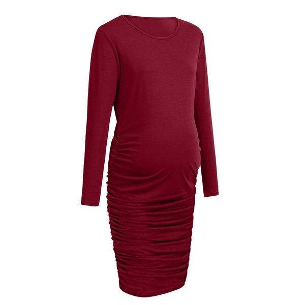 

new arrival fashion women wraped ruched maternity pregnant solid dress long sleeve o-neck casual brief cloth mutterschaft kleid, White