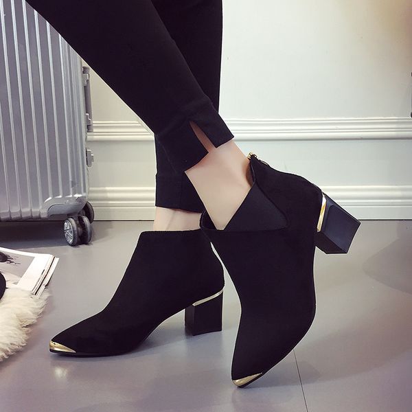 

fashion women boots short boots martin boots ankle autumn new pointed metal elegant casual shoes woman non-slip, Black
