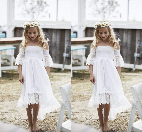 

fashion boho high low white flower girls dresses for wedding off the shoulder with juliet sleeves lace ruched first communion dress new, White;blue