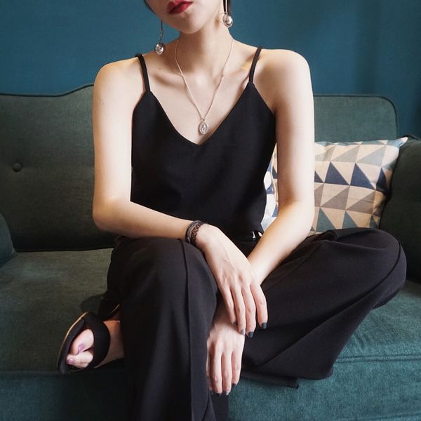 

solid sleeveless casual v-neck female vest women summer silk tank, White