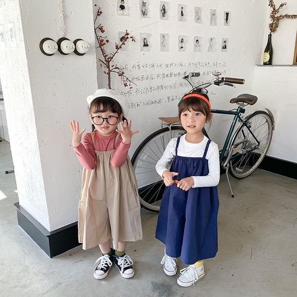 

2020 spring pure color baby girls wide-leg suspenders pants loose kids jumpsuits korean style dress casual children overalls, Blue