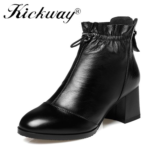 

kickway boots women genuine leather women ankle boots black booties thick med heel women's shoes back zip botas mujer size 34-42