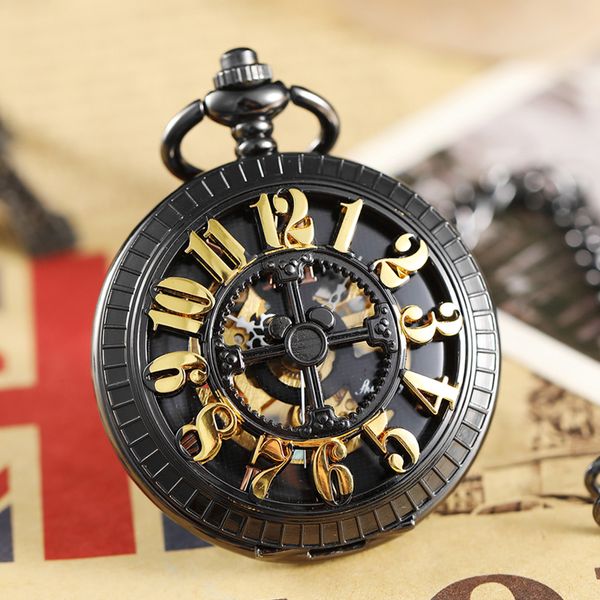 

retro bronze hollow digital number dial mechanical pocket watch waist chain vintage steampunk classical mens clock pocket watch, Slivery;golden