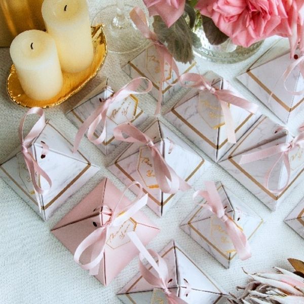 

10pcs triangular pyramid marble box diy crafts valentine gift boxes with ribbon wedding favors party supplies