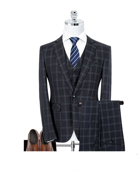 Classic Black Plaid Men Wedding Smoking Slim Fit One Button Prom ternos Man Partido Blazer Suit (Jacket + colete + calça)