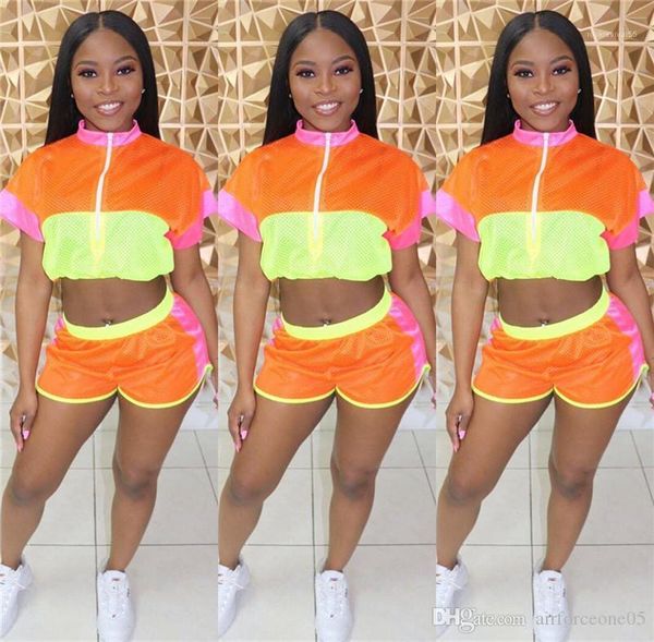 

panelled summer womens 2pcs suits zipper stand collar clothing summer fashion casual street tracksuits fluorescence, Gray