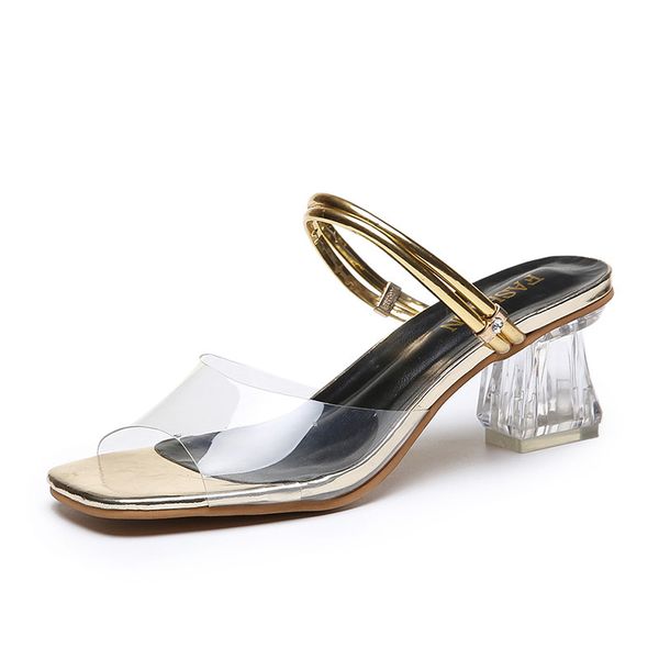 

2020 summer transparent crystal shoes woman slippers mules thick high heels word buckle slippers solid gold silver women shoes, Black
