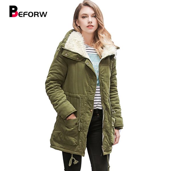 

beforw winter long hooded jacket women warm parka oversize zipper coat 2019 mid long womens pocket lapel jackets coats, Black