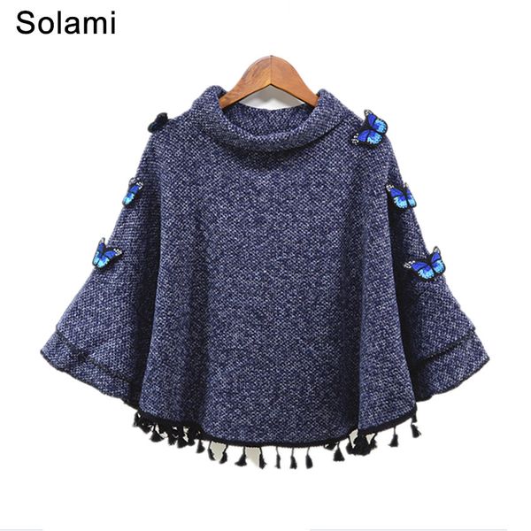 

spring women turtleneck pullover tassel 3d butterfly fashion loose batwing sweater ladies knitted ponchos capes coat 1369, White;black