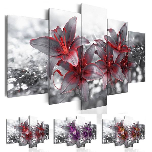 

fashion wall art canvas painting 5 pieces red yellow purple lily flower modern home decoration,choose color and size no frame