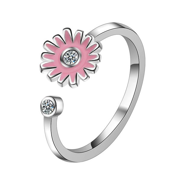 

jz247 ring female korean version of xiaoqing chrysanthemum pink flower opening ring sweet five-petal flower ring, Silver