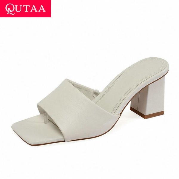 

qutaa 2020 women pumps square heel slip on women shoes summer peep toe fashion cow leather slingback ladies sandals size 34-39, Black