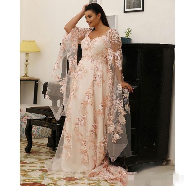 

pink plus size evening dresses v neck juliet sleeves 3d floral applique custom made sweep train tulle formal prom party ball gowns, Black;red