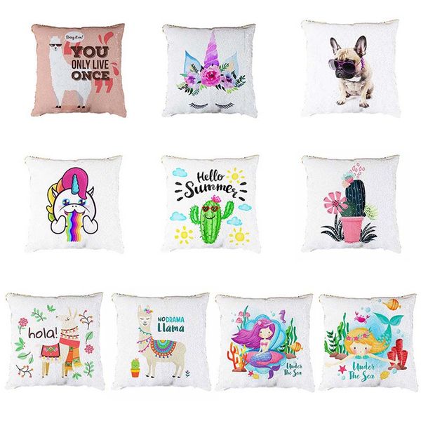 

40cmx40cm sequin flamingo alpaca mermaid cushion cover unicorn decorative cushion covers color changing reversible pillow case