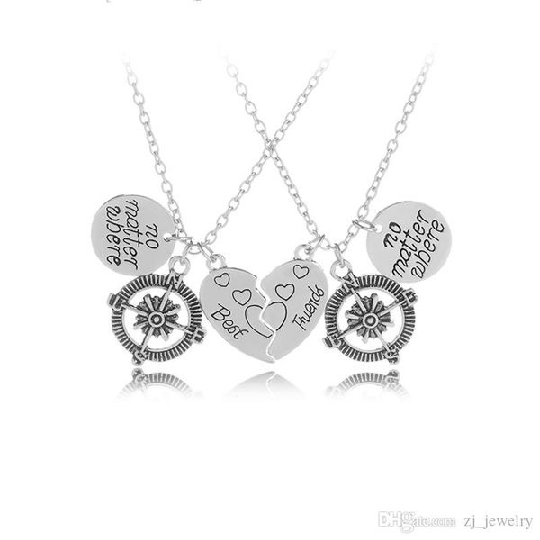 

2pc bff 'no matterwhere friends 'charm pendant necklaces compass broken heart puzzle friends friendship gift, Silver