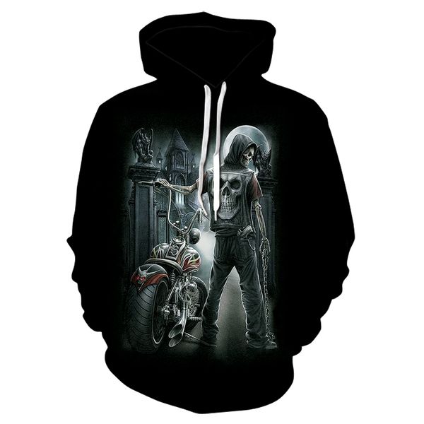 

new design stylish men's skull motorcycle 3d-printed hoodie, men's and women's personality rock sweatshirt casual thin hoodie, Black