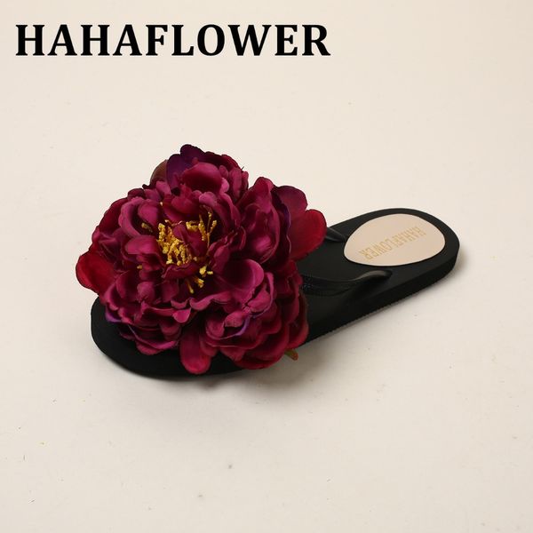 

hahaflower 100% handmade flowers woman beach shoes 2017 summer women's slippers flat flip flops a43 ng, Black