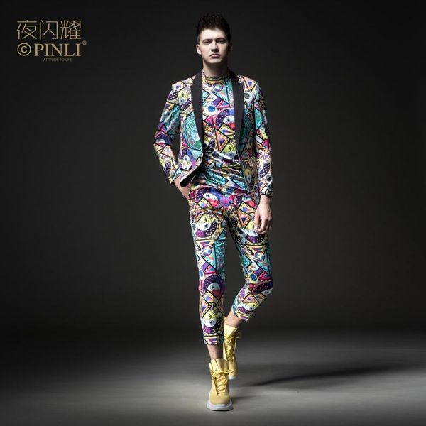 

men's male man casual night shines 2019 printed suit jacket by183106006 and cropped trousers by183115007 2 pcs set, White;black