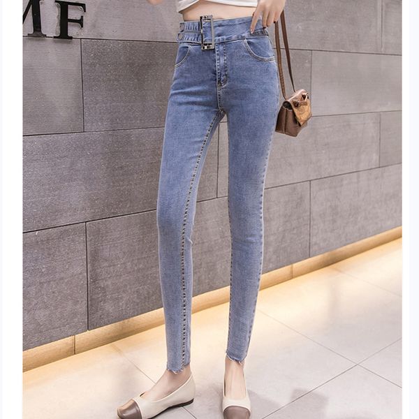 

pencil jeans high waist jean woman casual with a belt blue 263