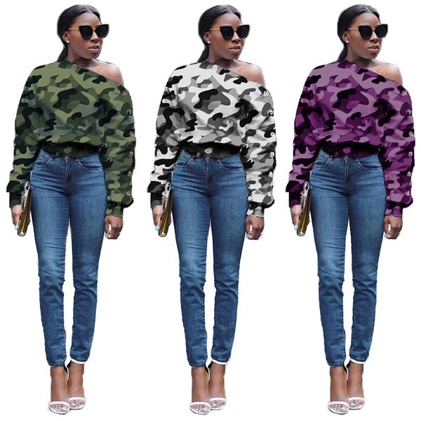 

camouflage designer tshirts women one shoulder printed button casual long sleeved pullover tshirts fashion women tees, White