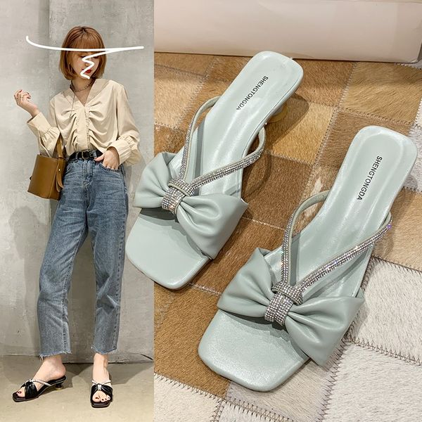 

shoes woman 2020 woman's slippers slides thin heels low lady butterfly-knot new girl rubber pu shoes, Black