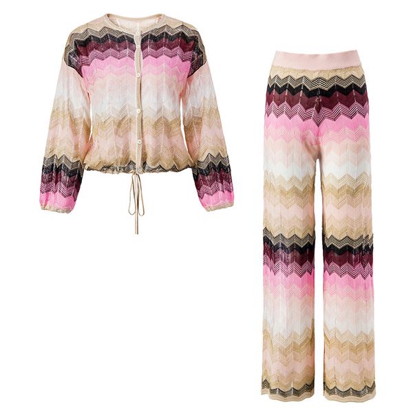 

italianate colorful stripe woven knitted lantern sleeve sweater + trousers suit women's two piece sets, White