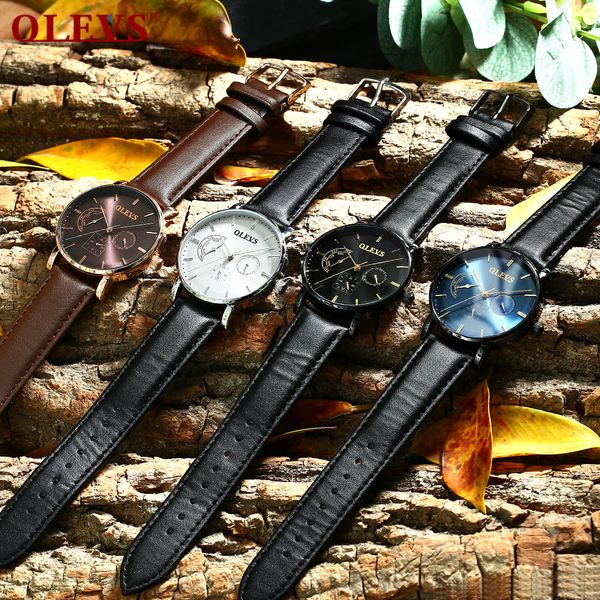 

olevs men luxury multi dial analogue watches milanese steel / leather automatic mechanical wristwatches waterproof business watch xmas gift, Slivery;brown
