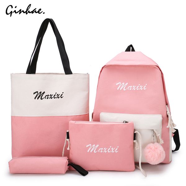 

4pcs/set patchwork backpack girl panelled school bags travel canvas rucksack damen shoulder bag+letter purse+cute pencil case