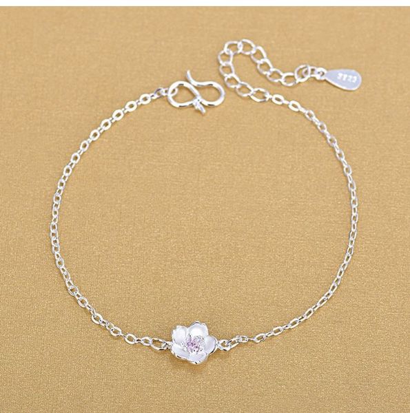 

925 silver crystal cherry blossoms flower charm bracelets fine fashion bracelet jewelry for woman gift, Golden;silver