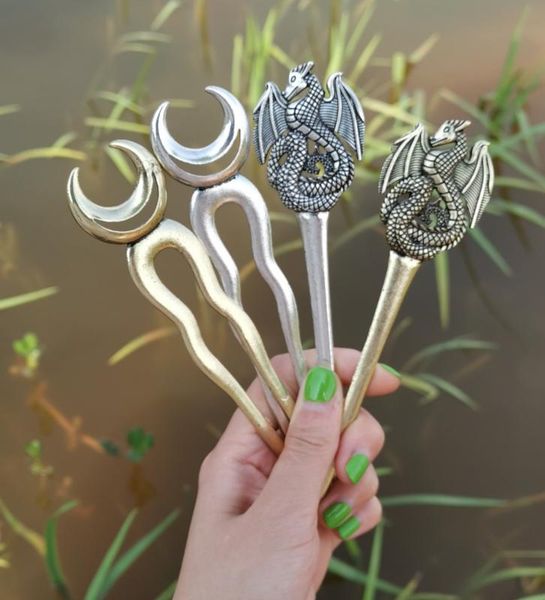 

wicca hair sticks viking renaissance dragon hair sticks dragon moon snake hairpin accessories jewelry, Golden;white