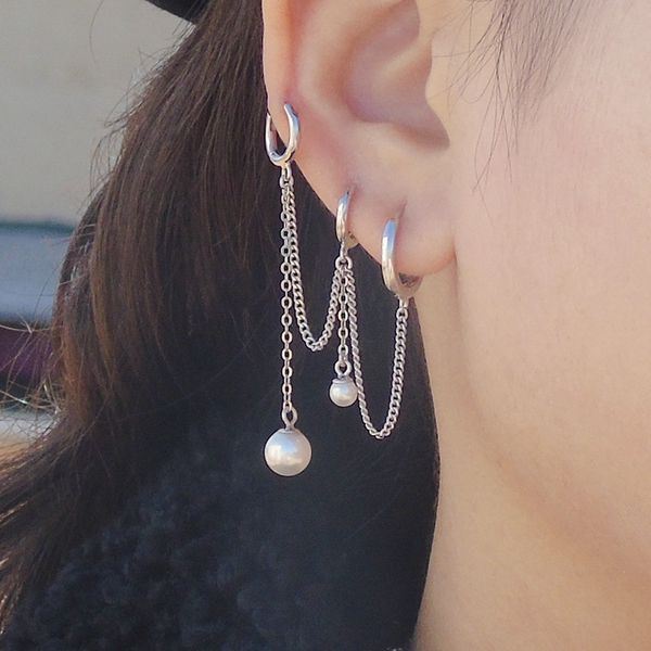 

925 sterling silver earring design pearl 2/3/4 pierced siamese ears chain ear bone ear buckle personality girl woman jewelry, Golden;silver