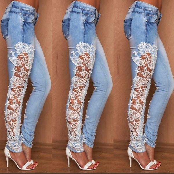 

women stretch lace floral side spliced denim trousers hollow out slim pencil pants women jeans femme pantalo, Black;white