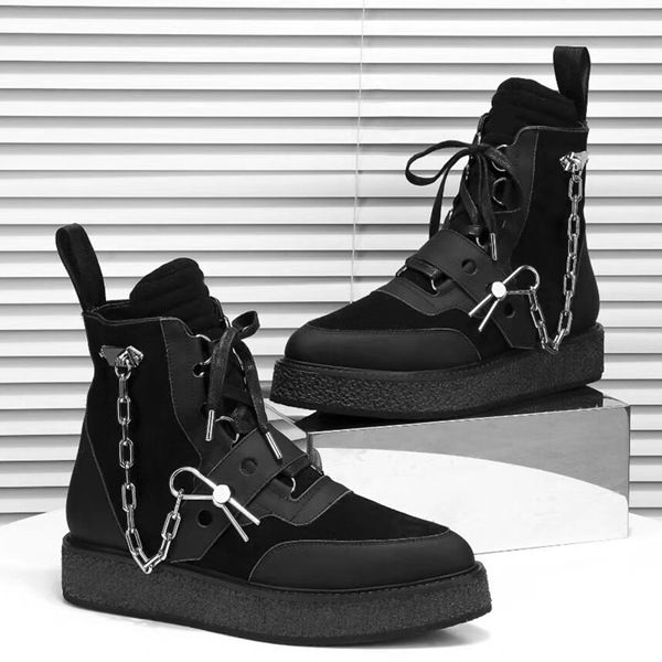 

2019 arrival luxury mens creeper ankle boot with golden chain pin womens leather martin boots monogram booties sneaker boot designer shoes, Black